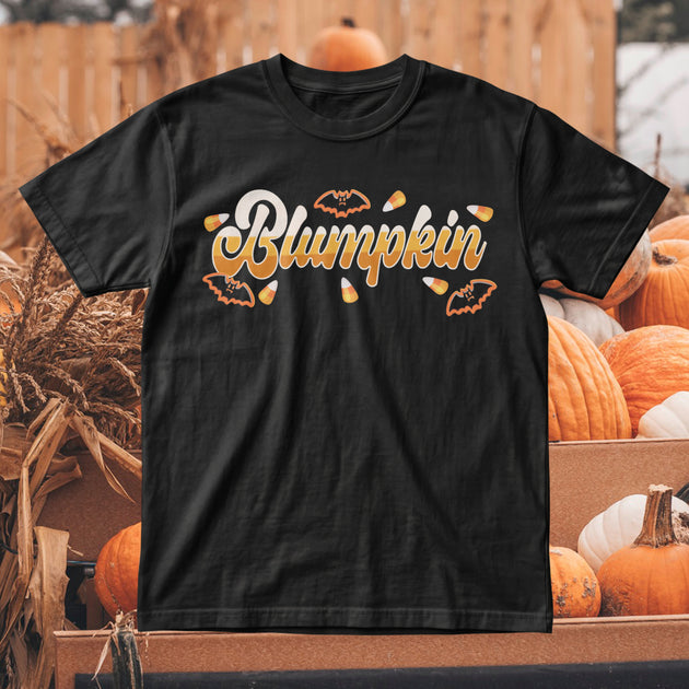 Black Blumpkin T-shirt with retro Halloween lettering, candy corn and bat graphics