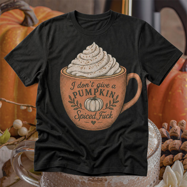 Funny pumpkin spice T-shirt with vintage pumpkin spice latte graphic on a black tee