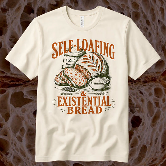 An off-white short-sleeve t-shirt with a retro-style graphic of bread, a flour sack, and wheat, featuring the text 'SELF LOAFING & EXISTENTIAL BREAD' in orange-brown. The shirt is displayed flat against a textured, organic brown background.